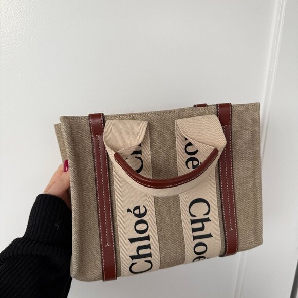 Chloé Canvas Leather Top Handle Tote Bag In Sand Beige Logo Detail Open Top - Picture 3 of 12